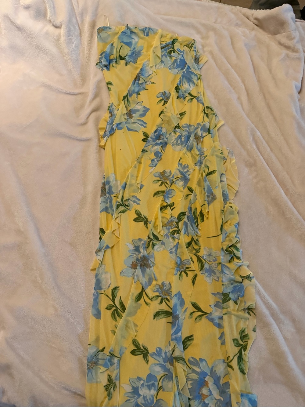 Yellow Floral Ruffle Maxi Dress - Blue Floral Print